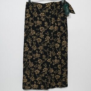 Lauren Ralph Lauren 4P Black & Beige Floral Silk Linen Midi‎ Wrap Skirt NWT